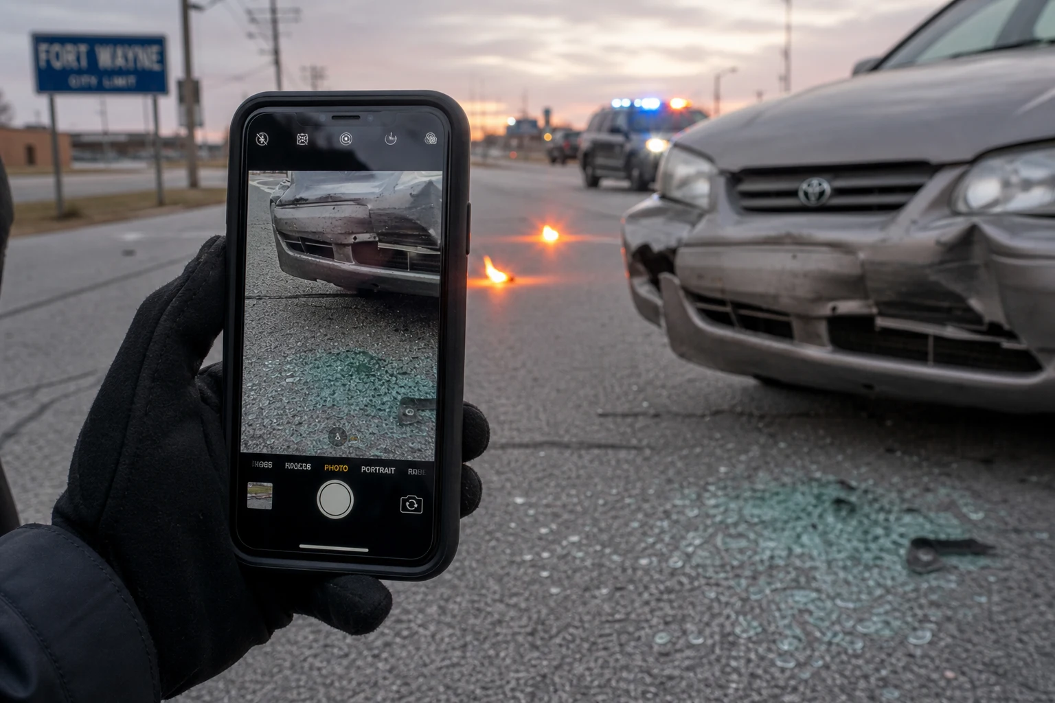 Smartphone photographing a damaged sedan after a Fort Wayne crash — the documentary evidence a Fort Wayne car accident attorney uses to challenge Allen County crash-report conclusions when fault is disputed or when the medical timeline gets attacked by the insurance carrier.