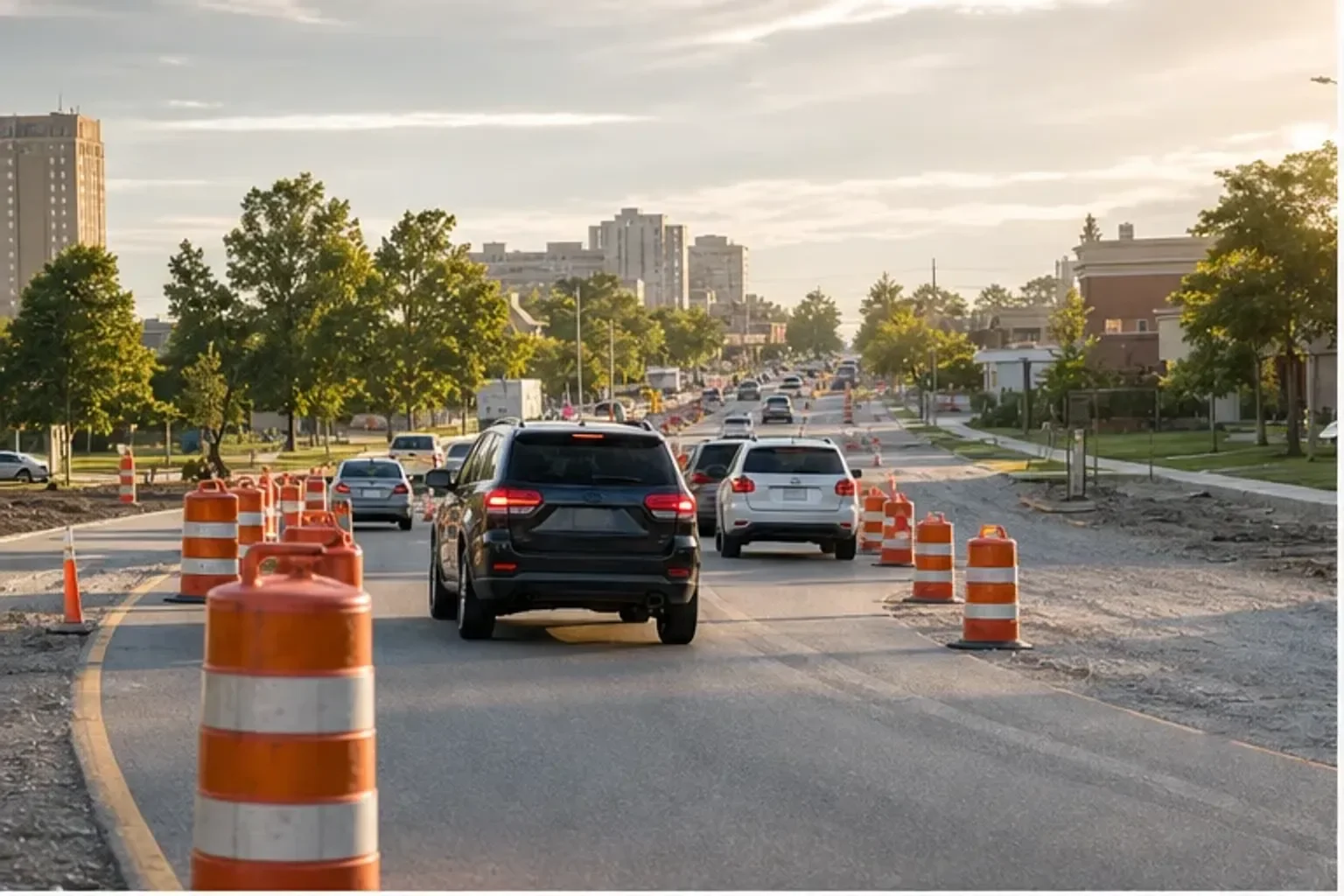 Fort Wayne road construction lane shift with orange barrels and summer traffic slowing safely