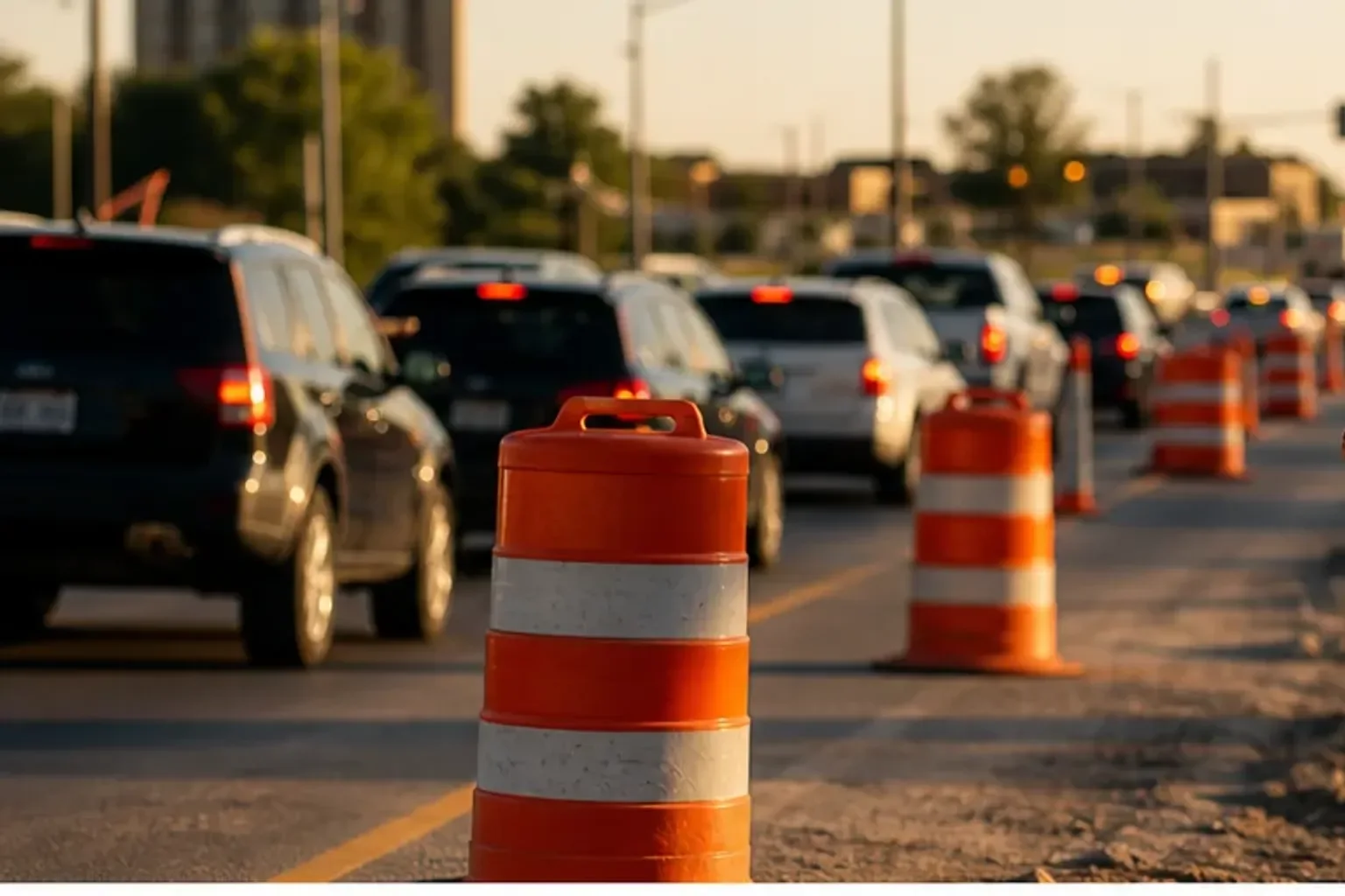 Temporary road construction signs and orange barrels guiding slowed Fort Wayne summer traffic