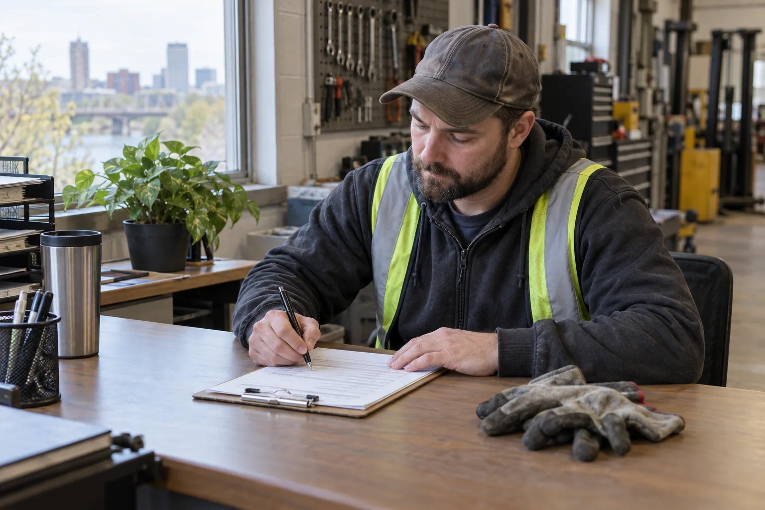 Worker completing an incident report beside safety gloves