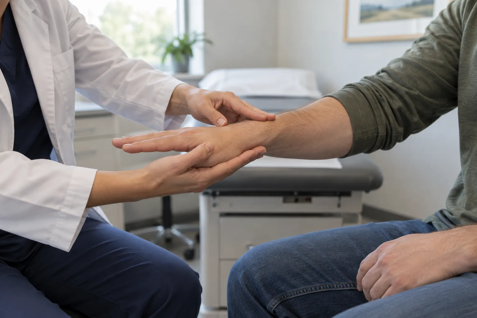 Clinician demonstrating wrist positioning during an examination