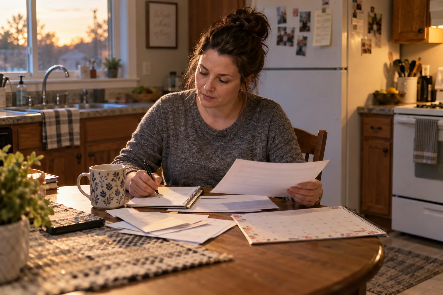 Worker organizing medical and work records at a kitchen table