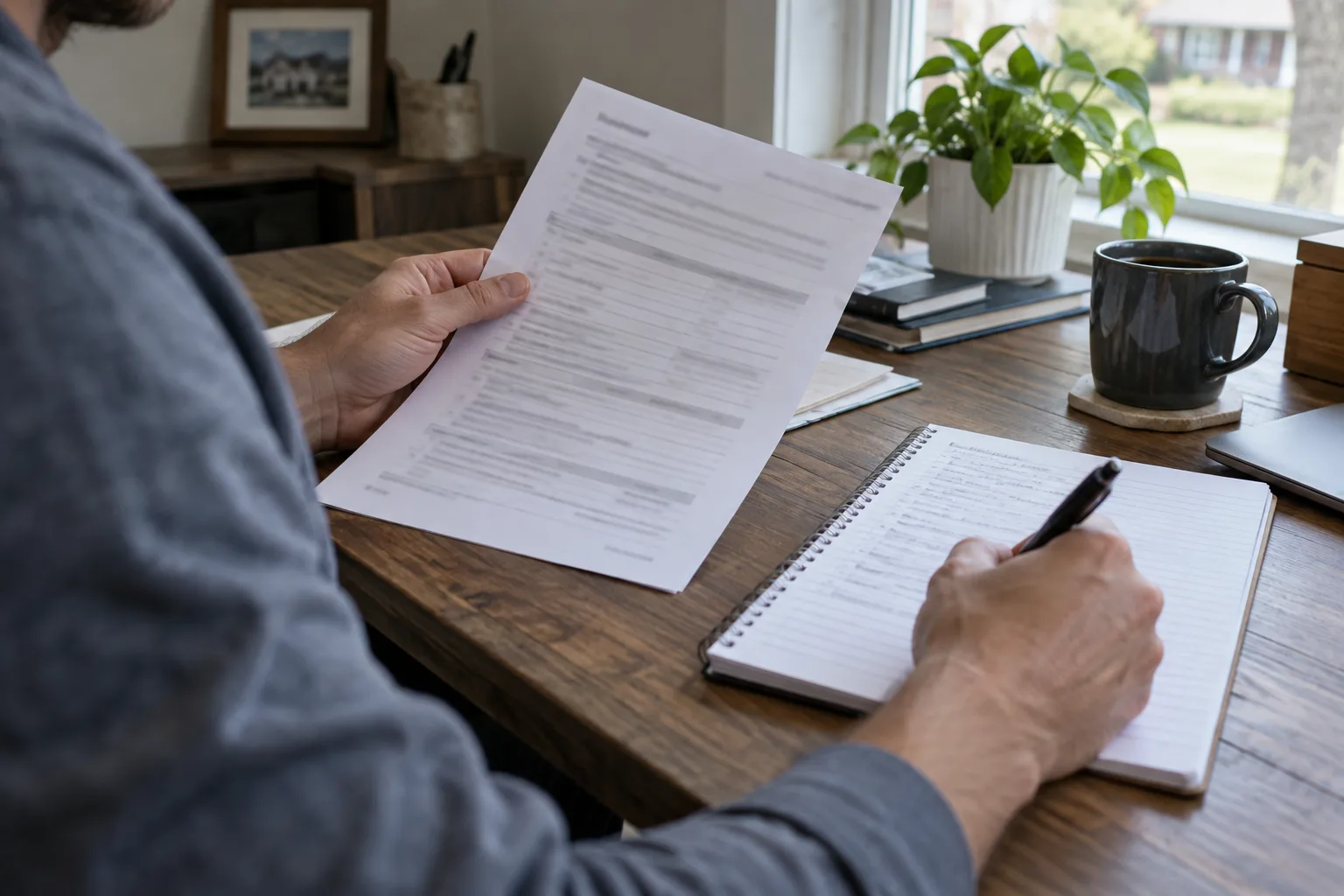 Worker reviewing claim forms and an injury timeline at home