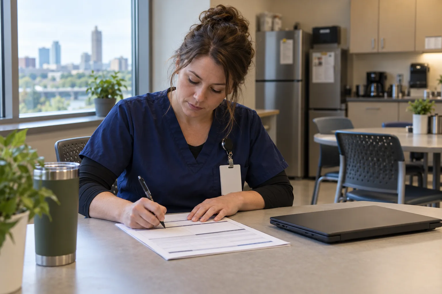 Illustration: Healthcare employee documenting a workplace incident in a hospital staff room