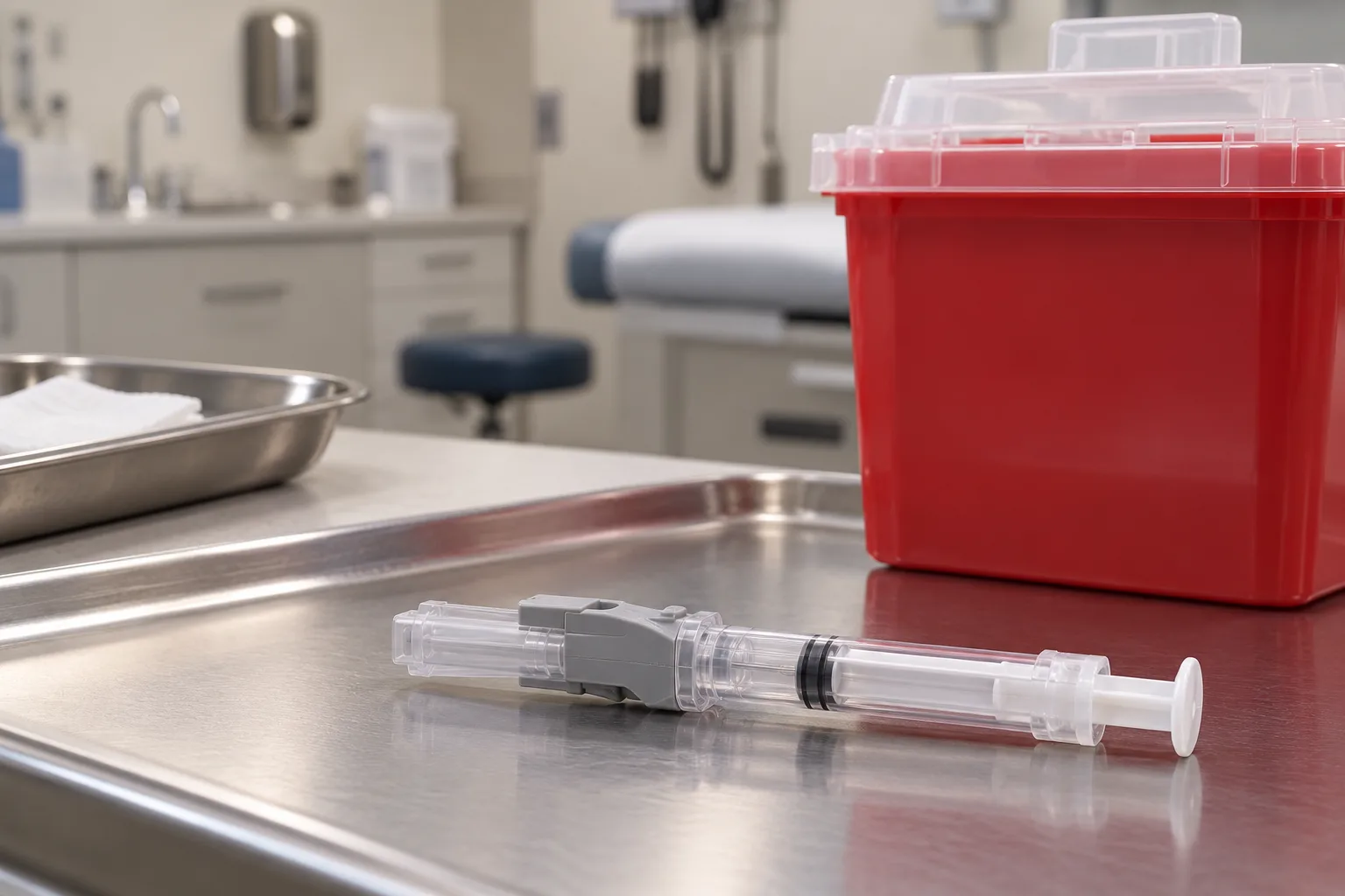 Illustration: Safety needle and sharps container in an Indiana clinical room