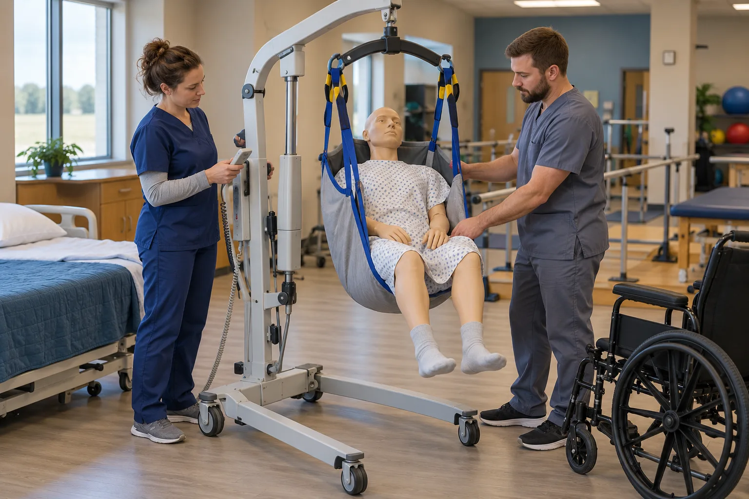 Illustration: Healthcare workers using a mechanical patient lift during training