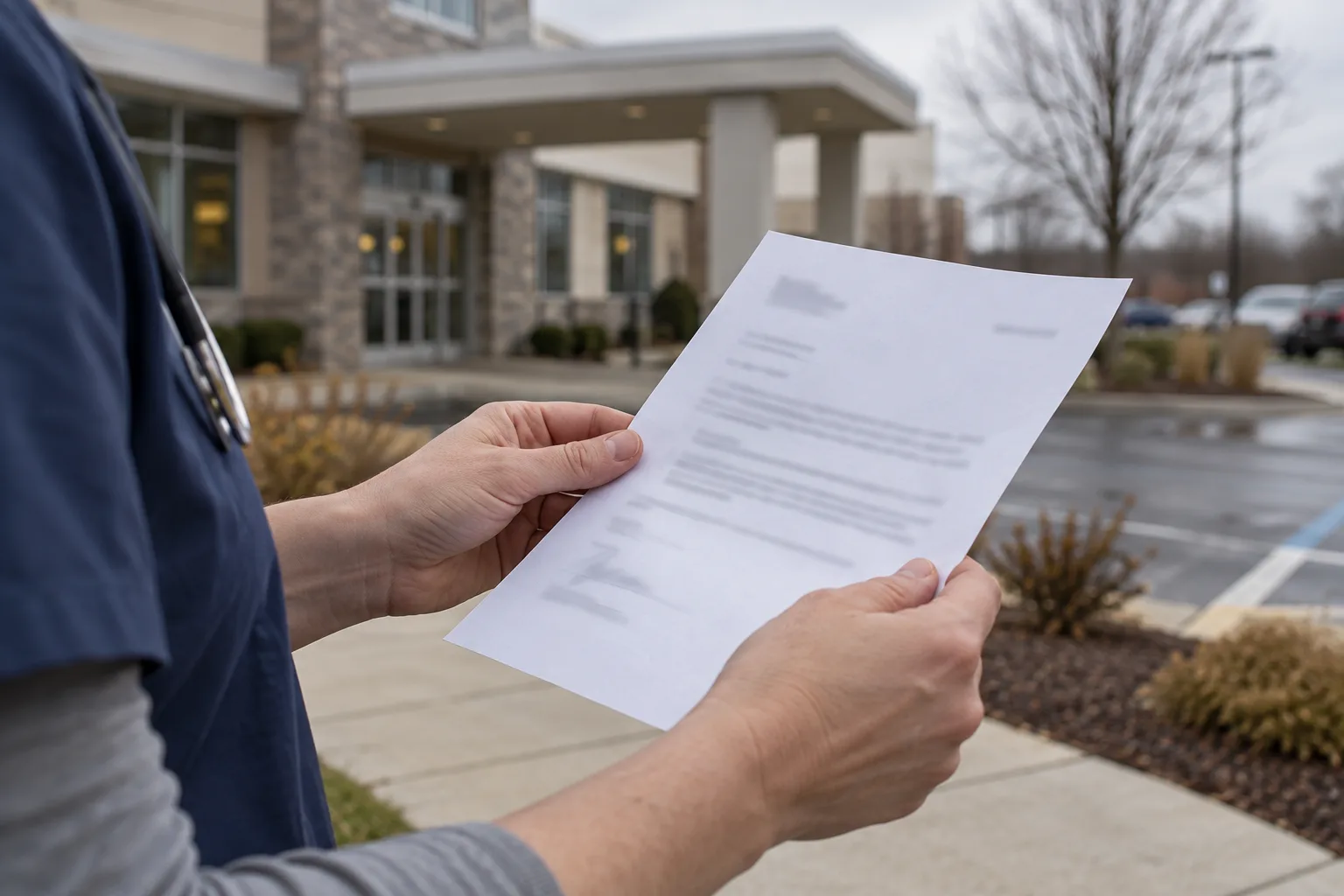 Illustration: Healthcare worker holding a work-status note outside an Indiana clinic