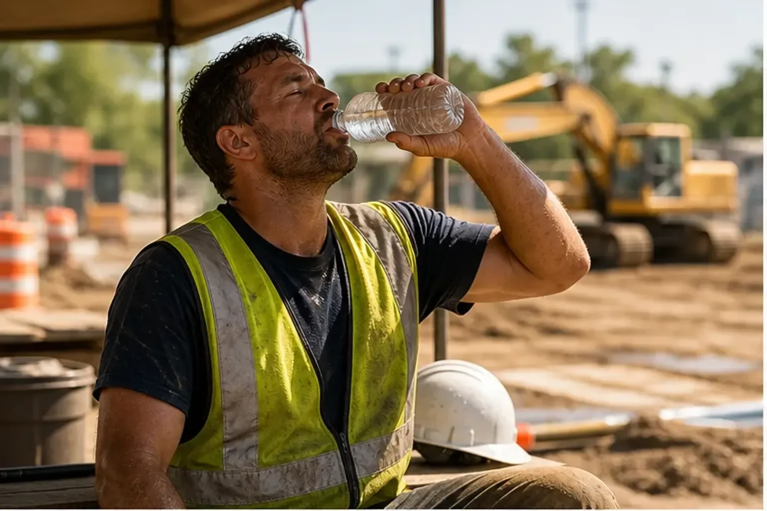 Indiana worker in safety vest taking a shaded water break during hot summer conditions