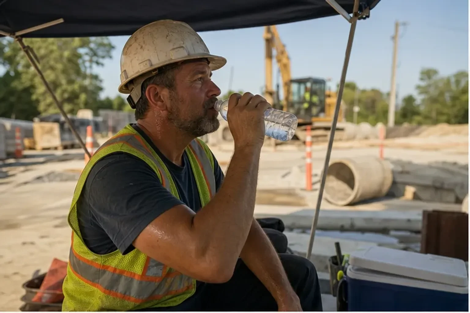 Supervisor and worker discussing heat conditions inside a warm Indiana warehouse