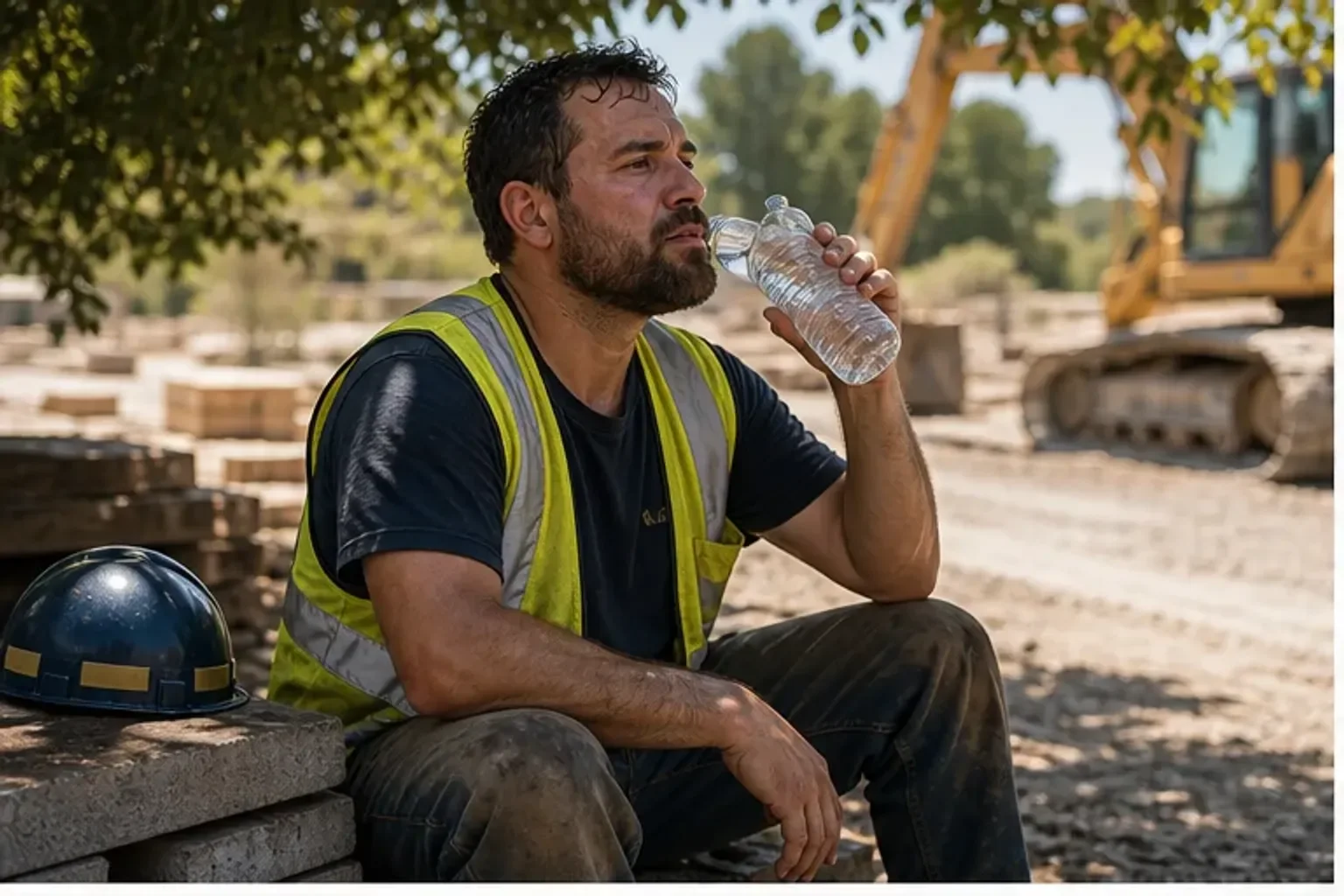 Occupational health paperwork with hard hat water bottle and work restrictions after heat illness