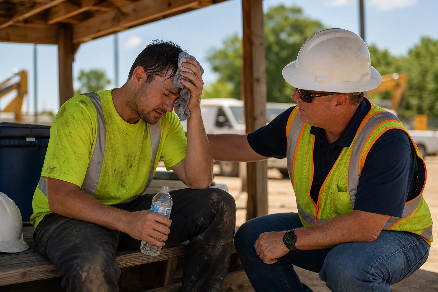 Indiana construction worker cooling down safely with water shade and supervisor during hot summer work