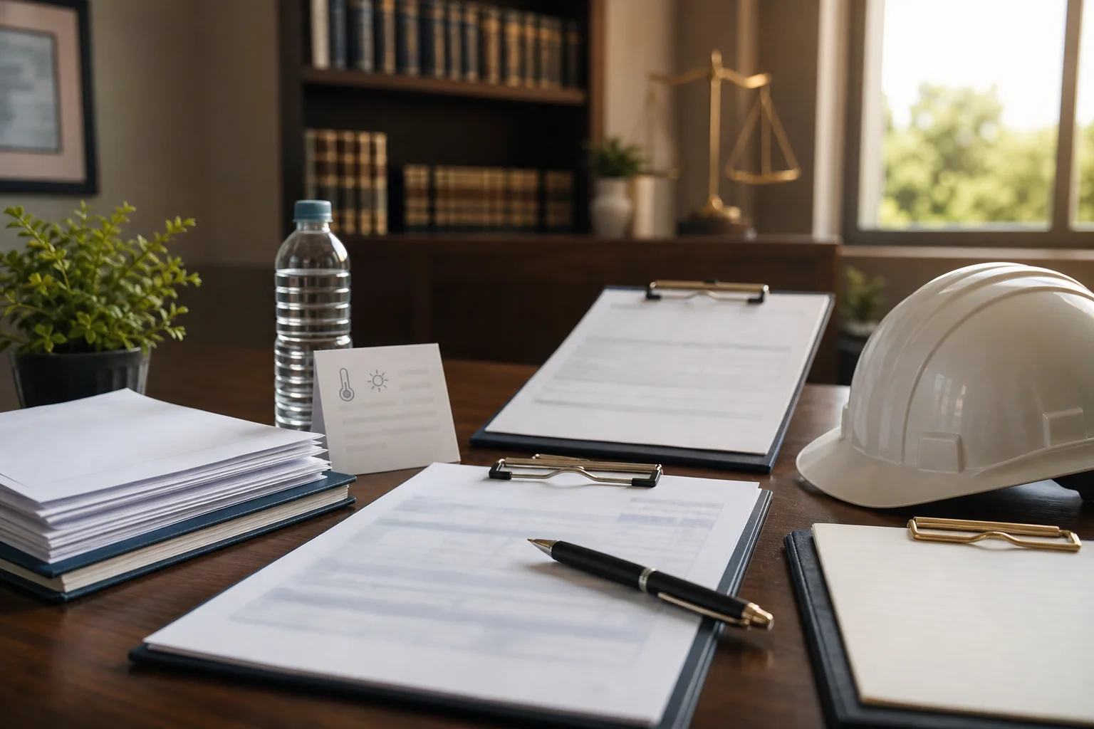 Workers compensation heat illness claim documents with work restrictions hard hat and medical paperwork