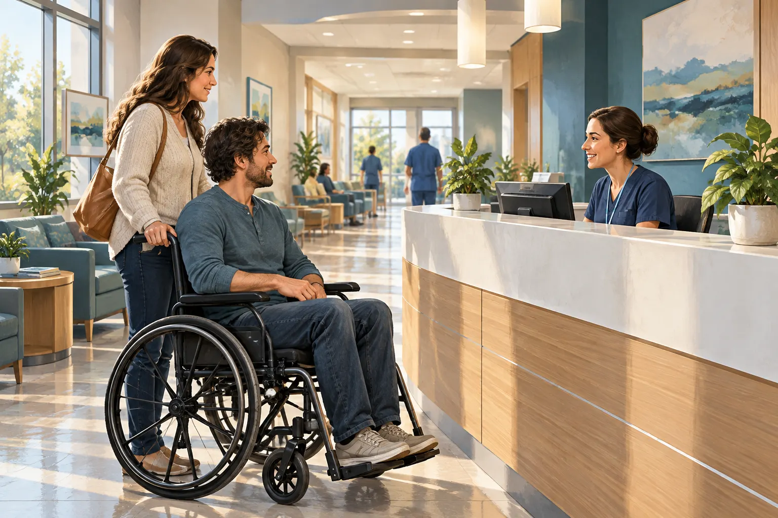 An adult in a wheelchair and a companion at a hospital reception desk