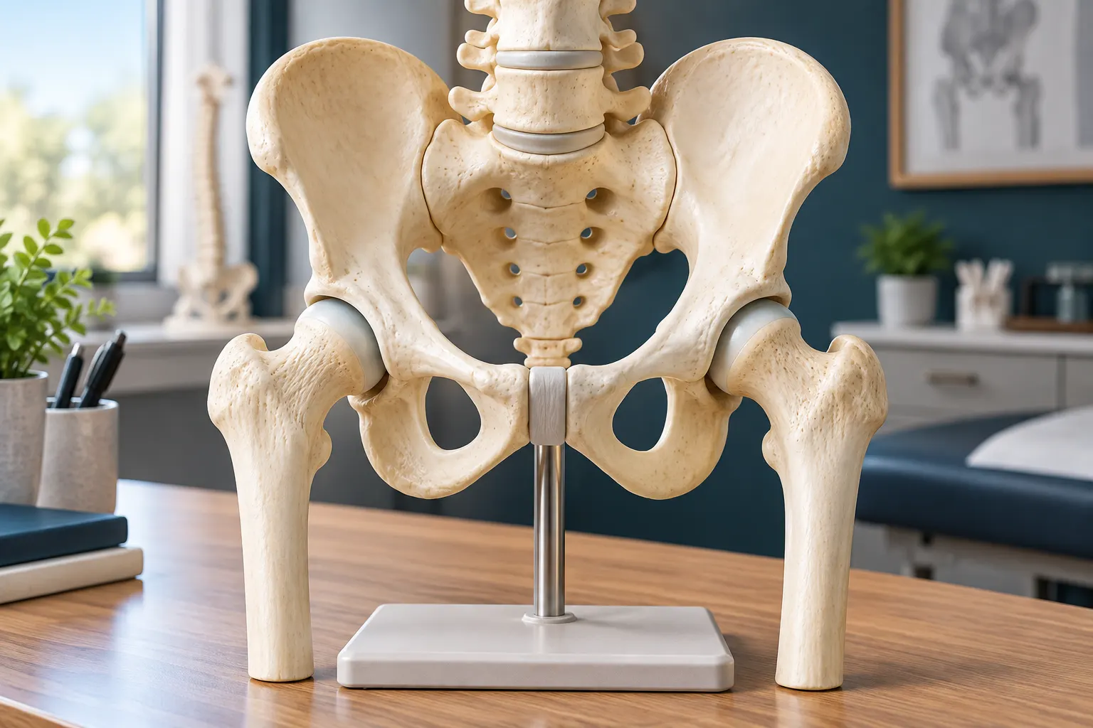 An educational model of the pelvis and upper thighbones on a clinic desk