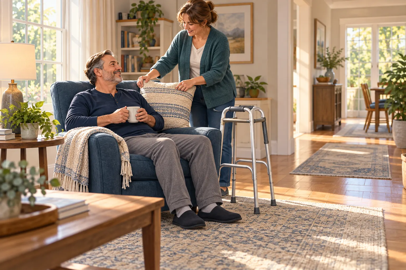 An adult seated at home with a walker nearby and a clear walking path