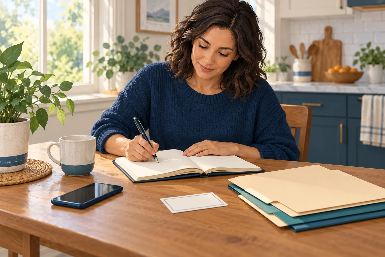 An adult organizing appointment notes and folders at a kitchen table