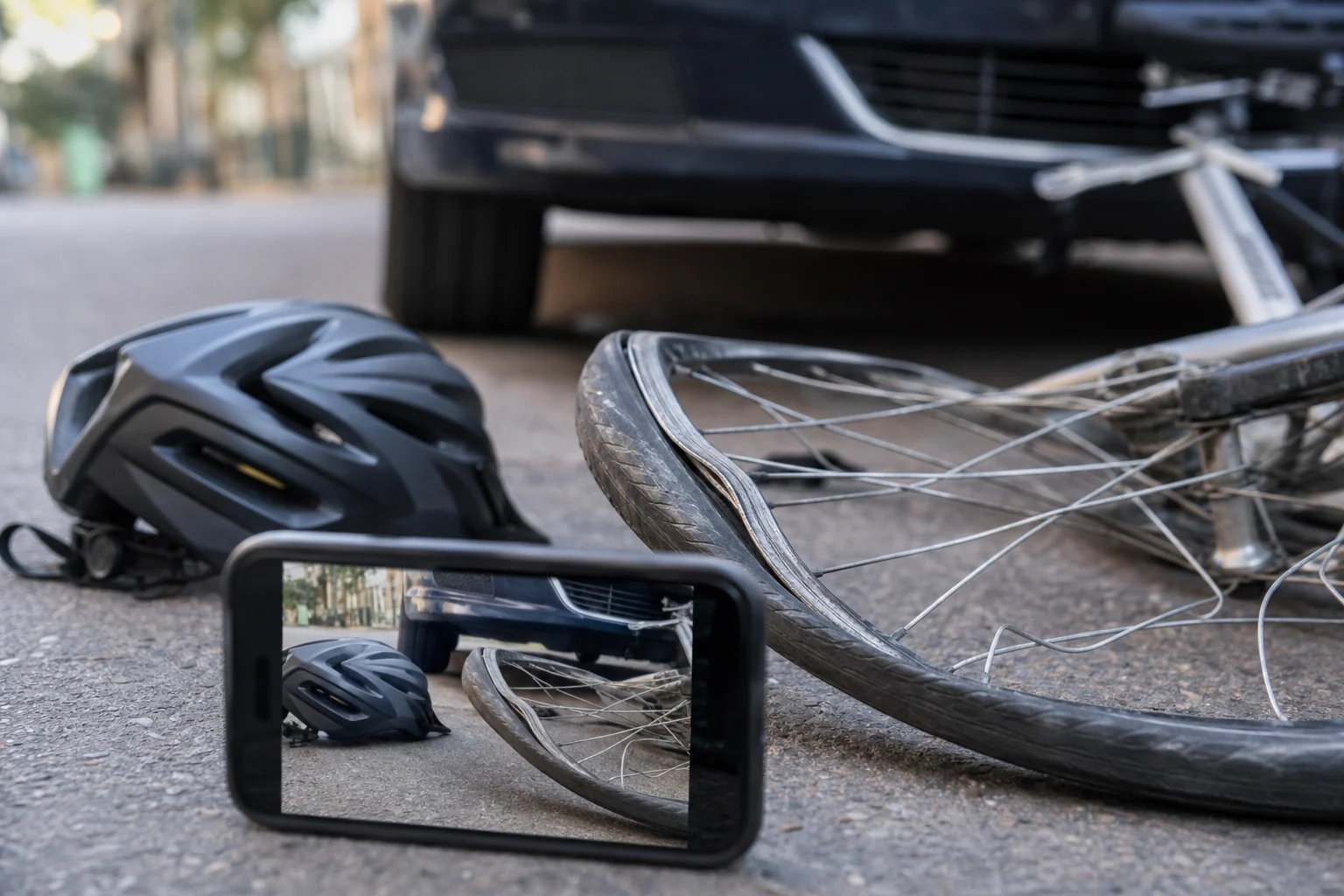 Damaged bicycle wheel helmet and phone used to photograph evidence after a bicycle-car crash