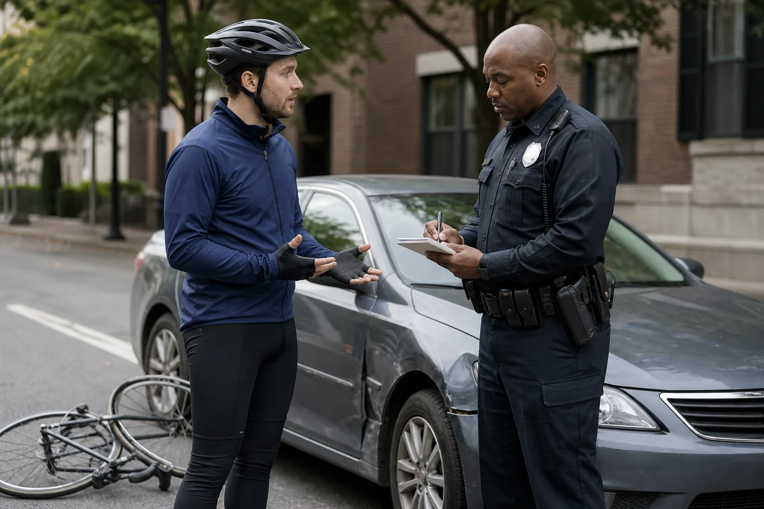 Cyclist speaking with a police officer after a bicycle accident with a damaged bike nearby