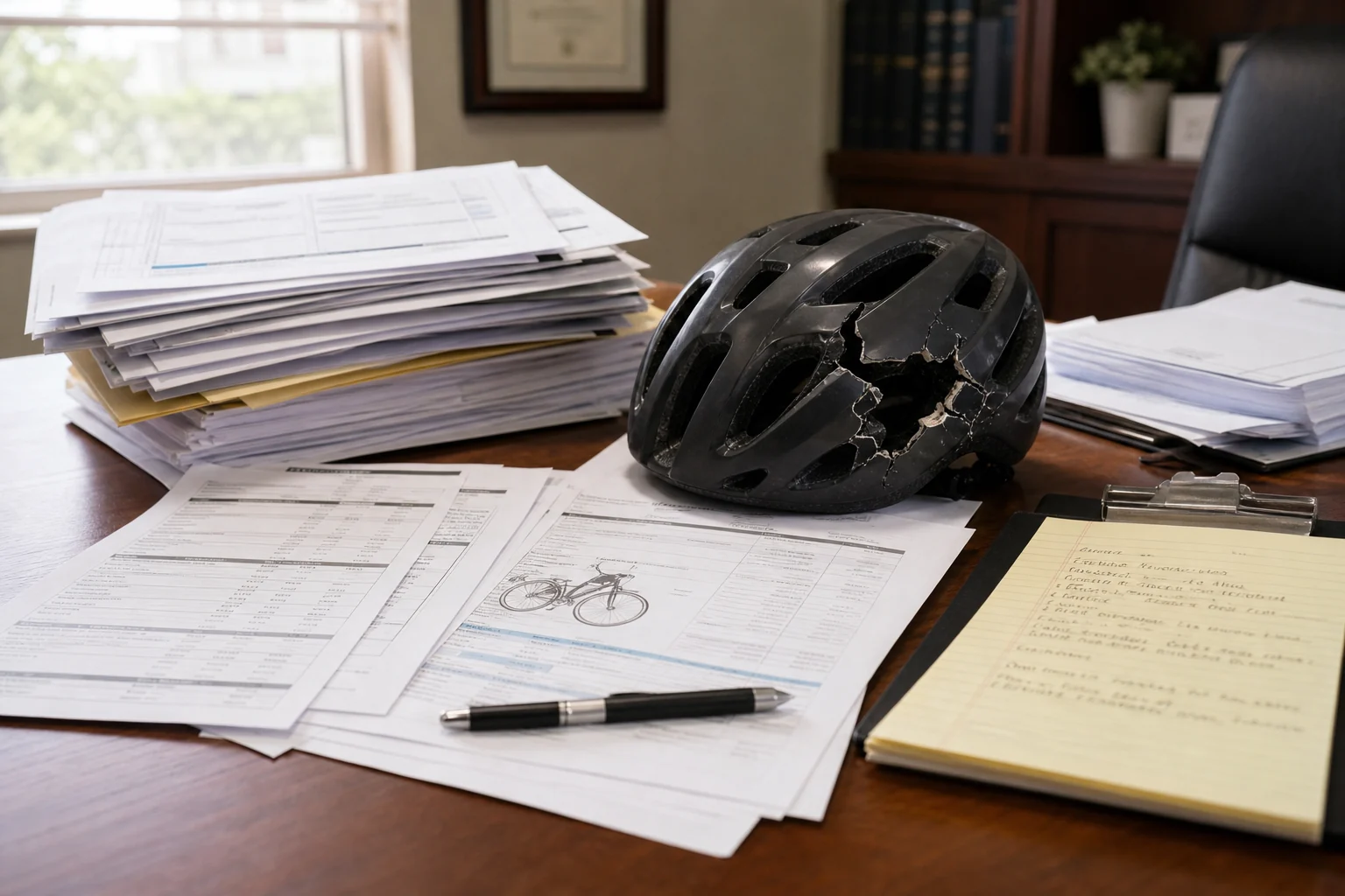 Medical bills bike repair estimate damaged helmet and appointment notes after a bicycle accident
