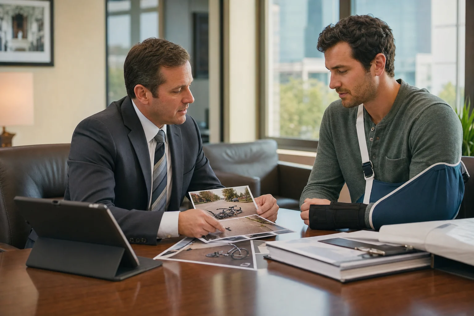Attorney reviewing bicycle accident photos and medical records with an injured cyclist