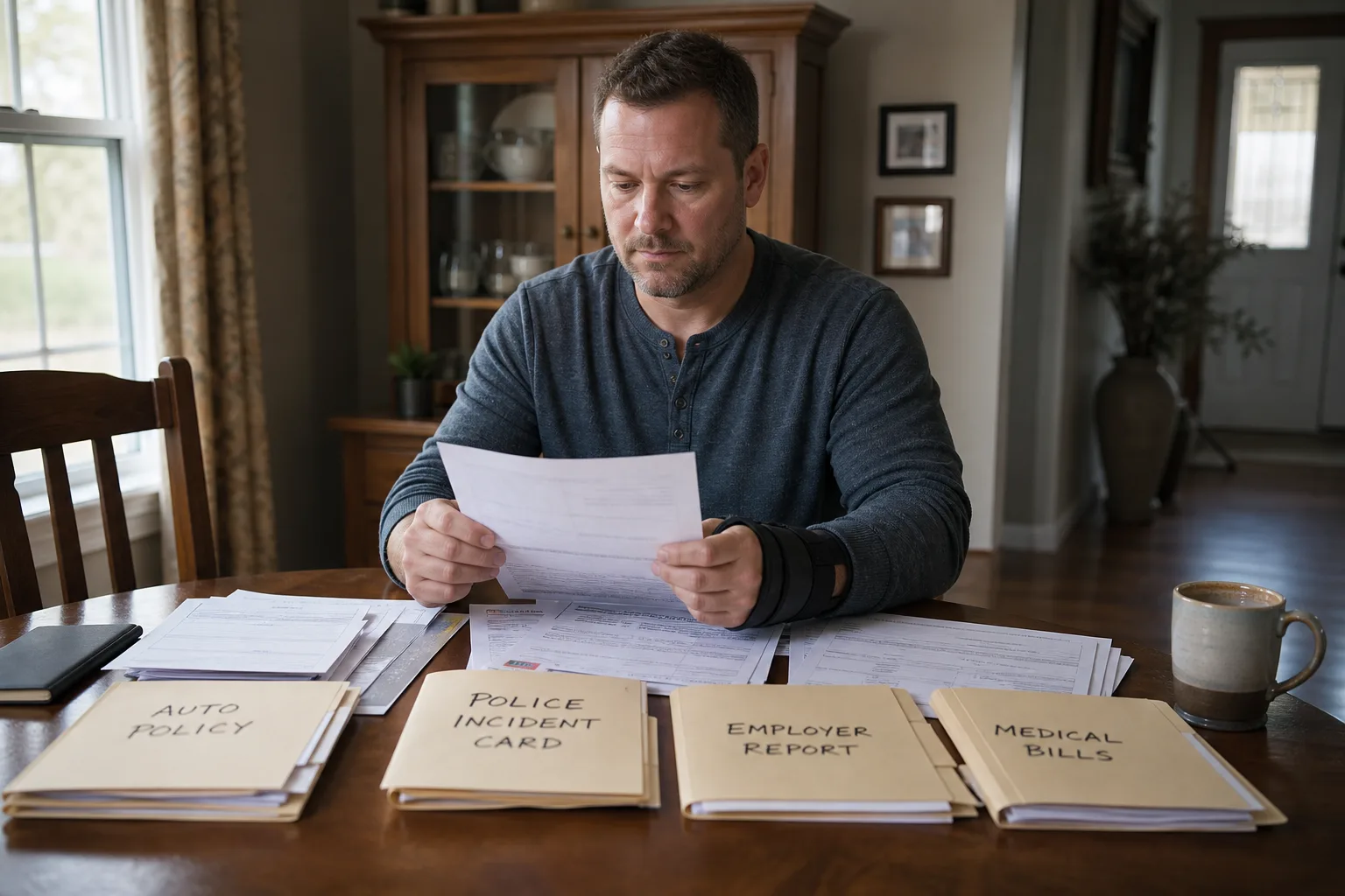 Indiana worker organizing insurance, police, employment, and medical records after a crash