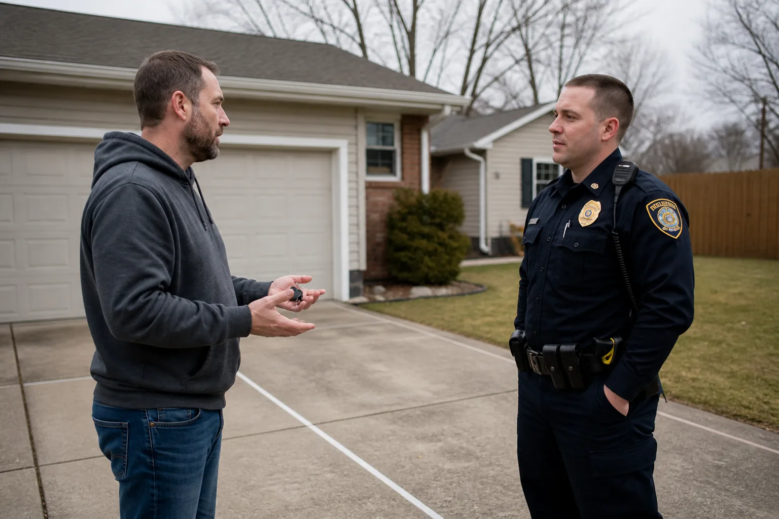 Vehicle owner speaking with police about a missing car in an Indiana driveway