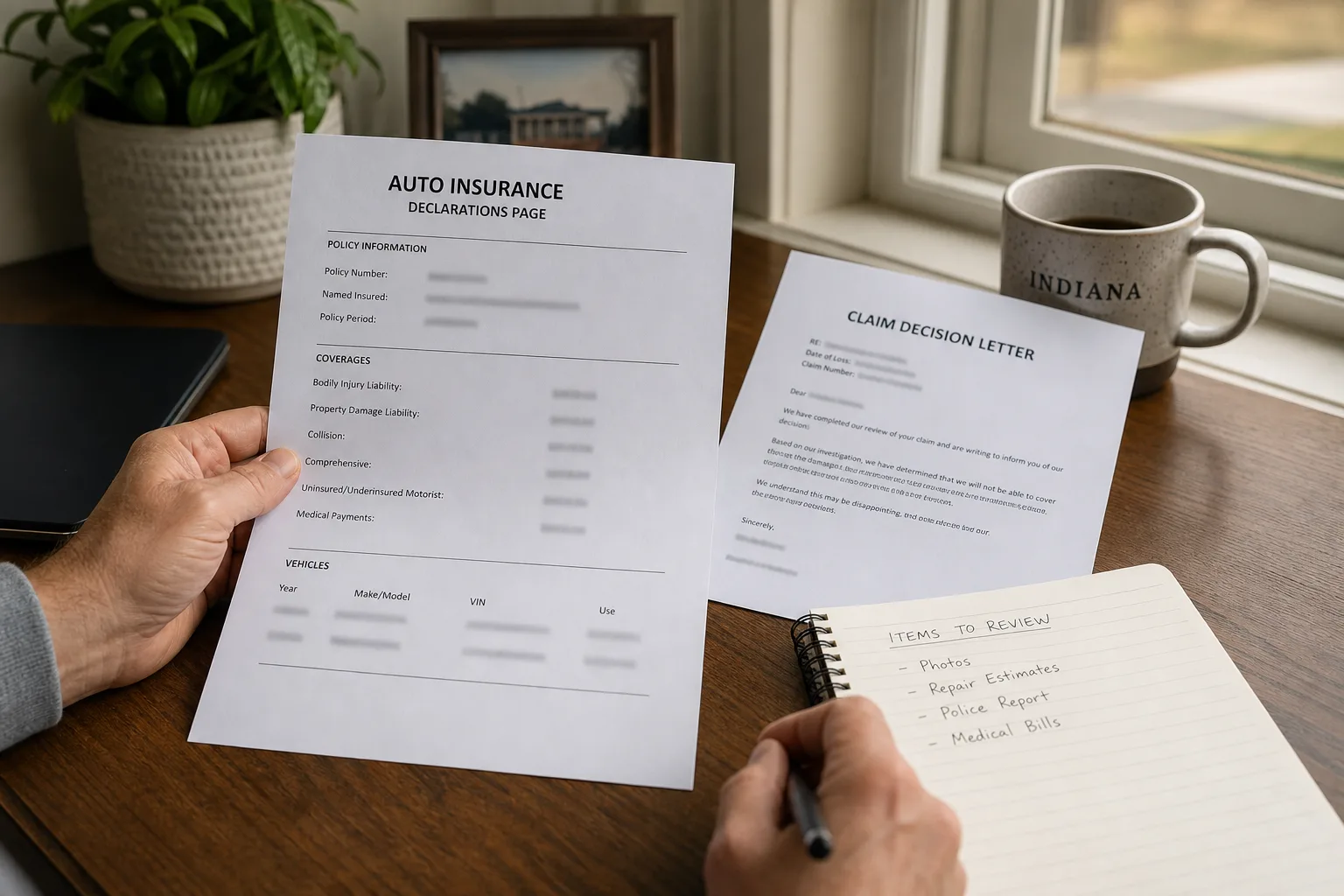 Policyholder reviewing an auto declarations page and written coverage decision