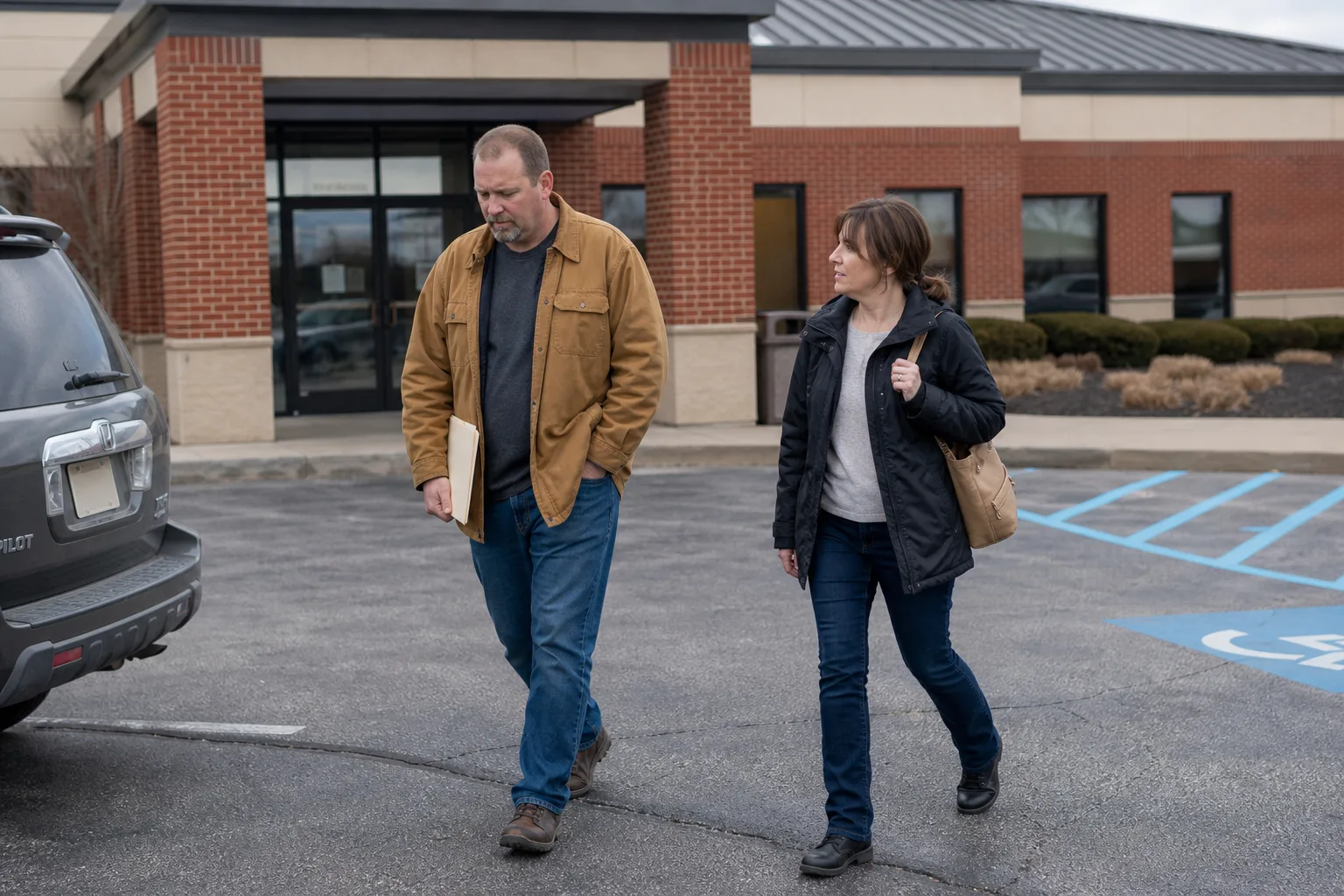 Injured Indiana worker carrying claim records outside a medical clinic