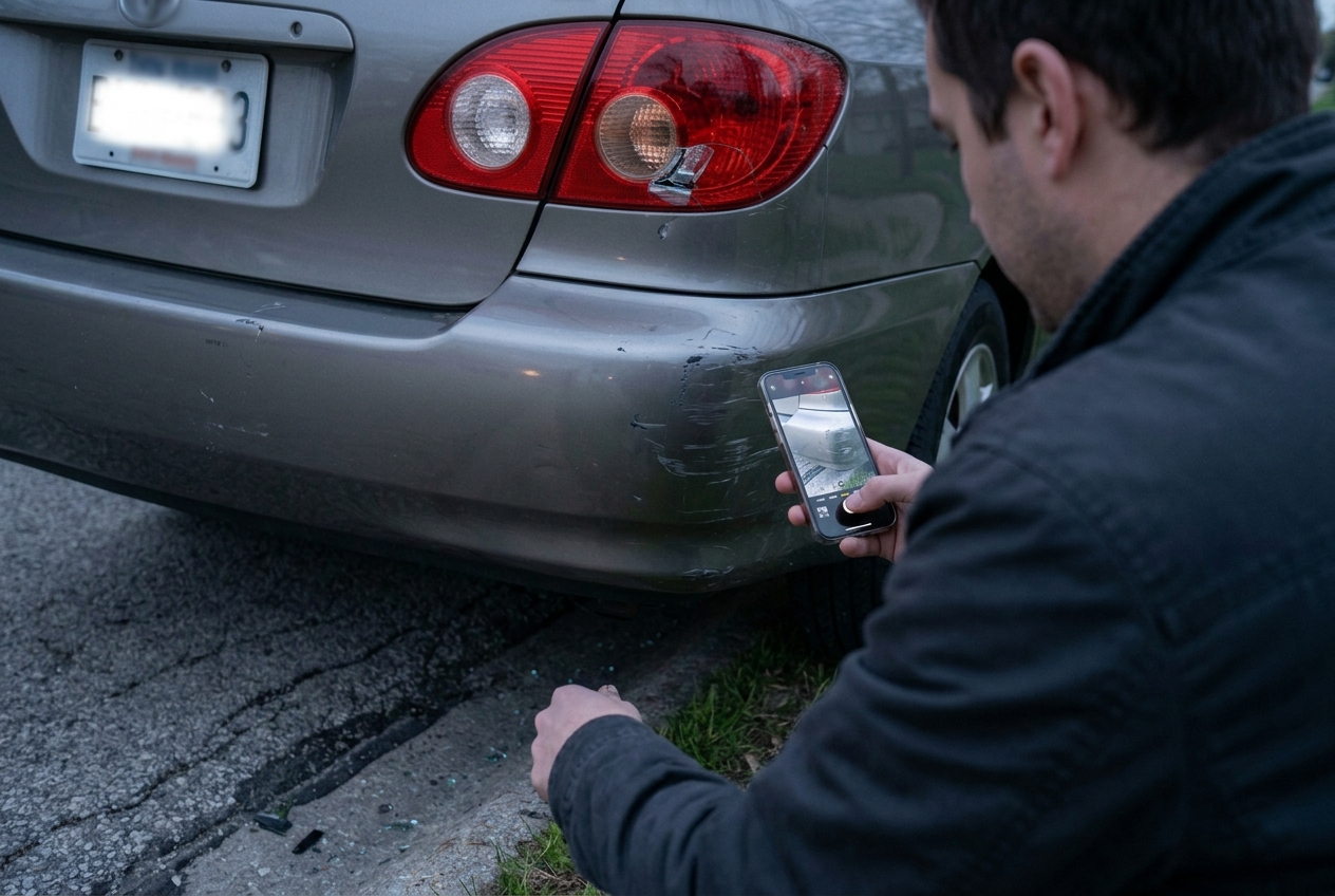 Driver photographing vehicle damage and debris after an Allen County hit-and-run accident