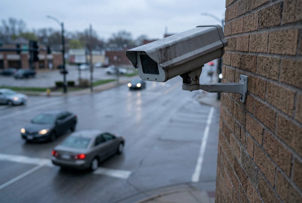Business security camera near an Indiana intersection where hit-skip crash video may be overwritten