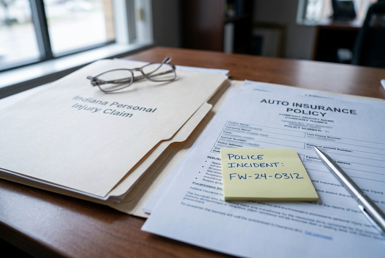 Indiana uninsured motorist claim file with police incident number and auto insurance documents