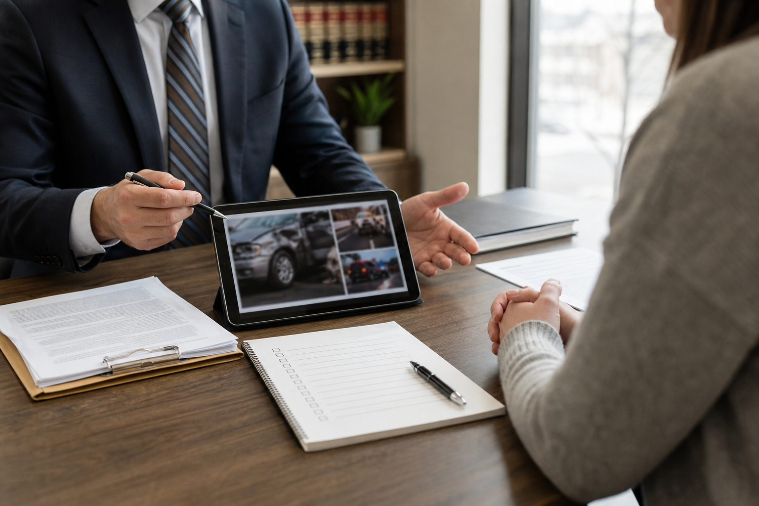 Fort Wayne personal injury lawyer reviewing crash photos and insurance coverage after a hit-skip