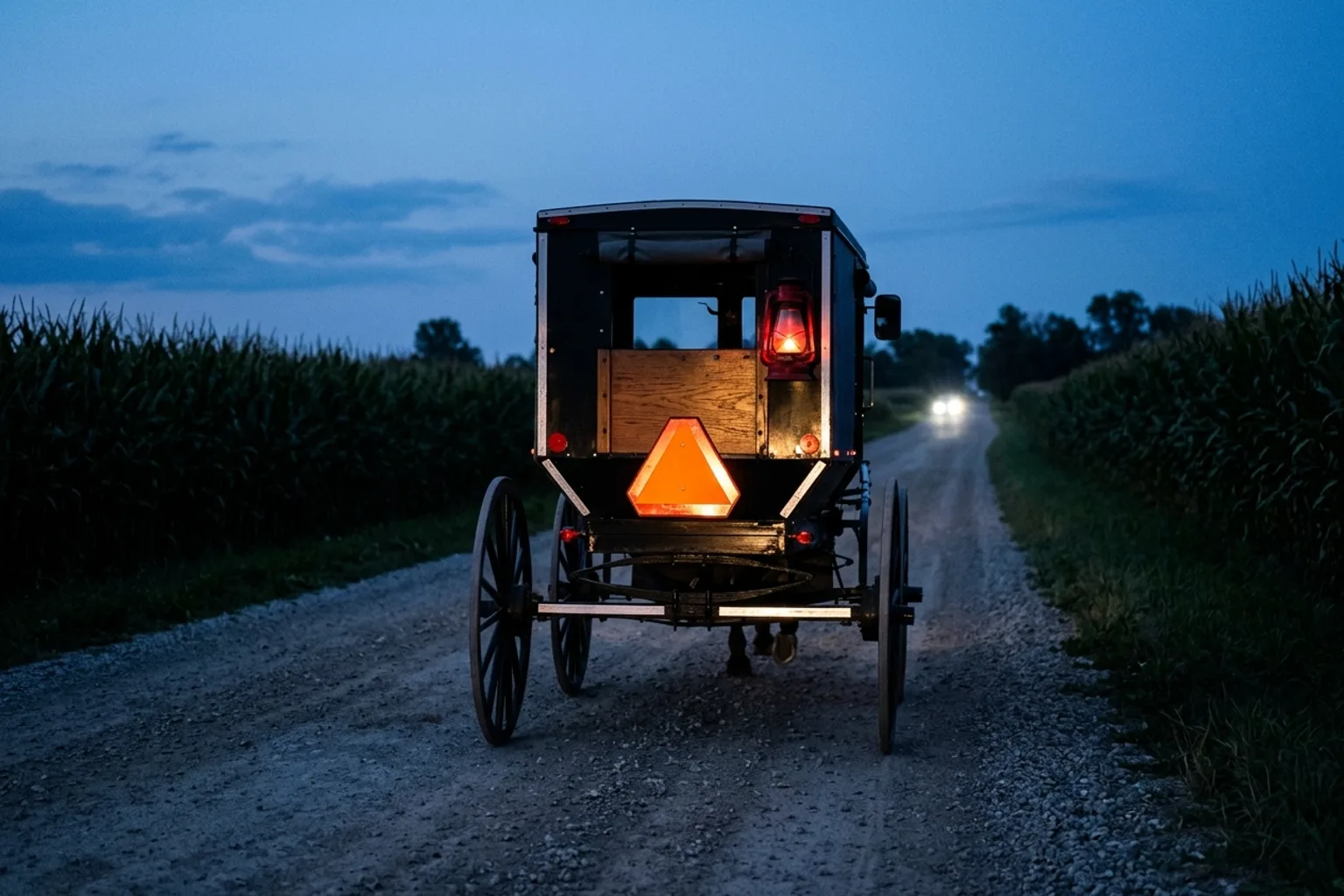 Parte trasera de un carruaje amish al anochecer que muestra el emblema triangular de vehículo de movimiento lento, cinta reflectante y luces estilo farol exigidos en las carreteras de Indiana