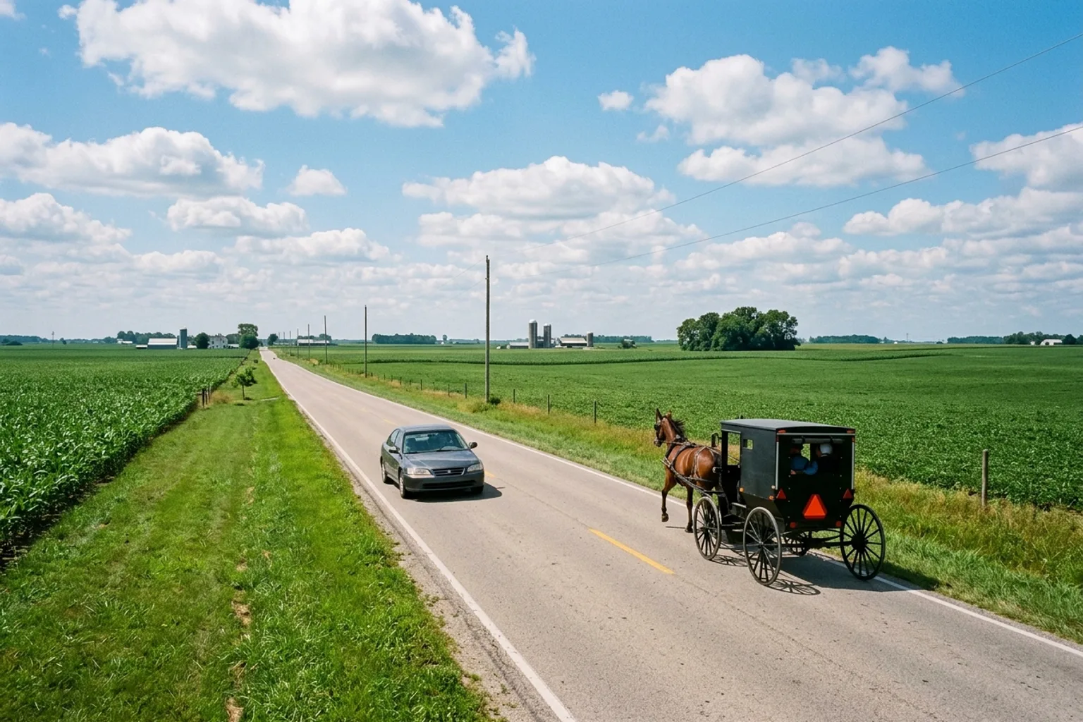 Automóviles que reducen la velocidad y rebasan un carruaje tirado por caballos dejando amplio espacio en una carretera de dos carriles del noreste de Indiana