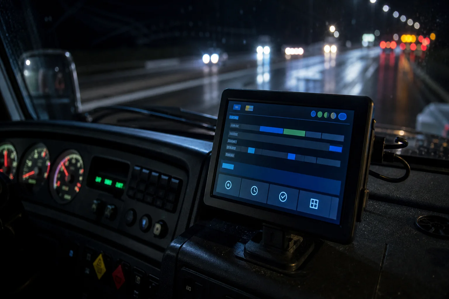 Electronic logging device on a semi truck dashboard at night
