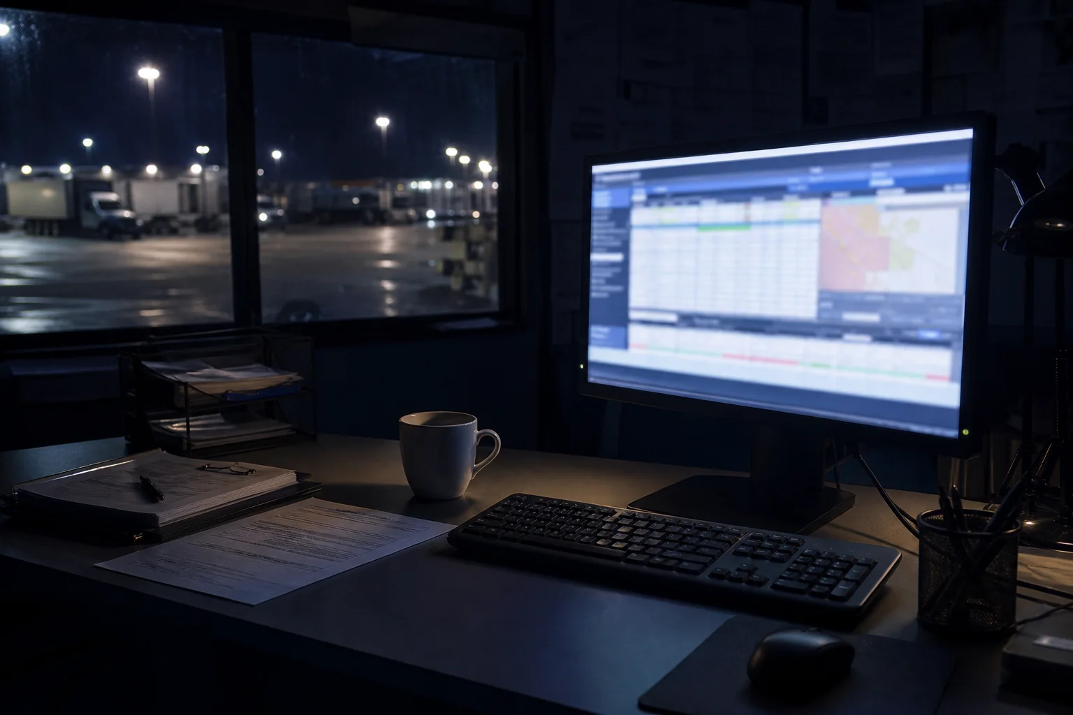 Late night truck dispatch workstation with route schedule