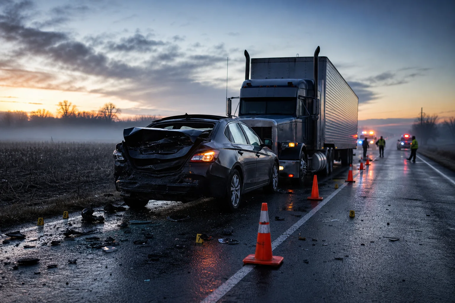 Dawn Indiana roadside after semi truck rear-end crash