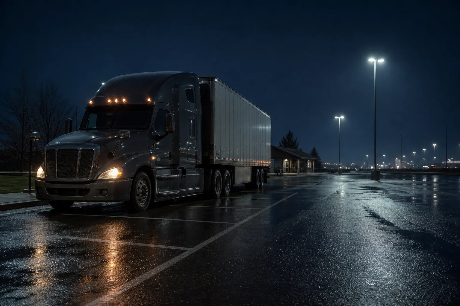 Semi truck parked at an Indiana rest area at night