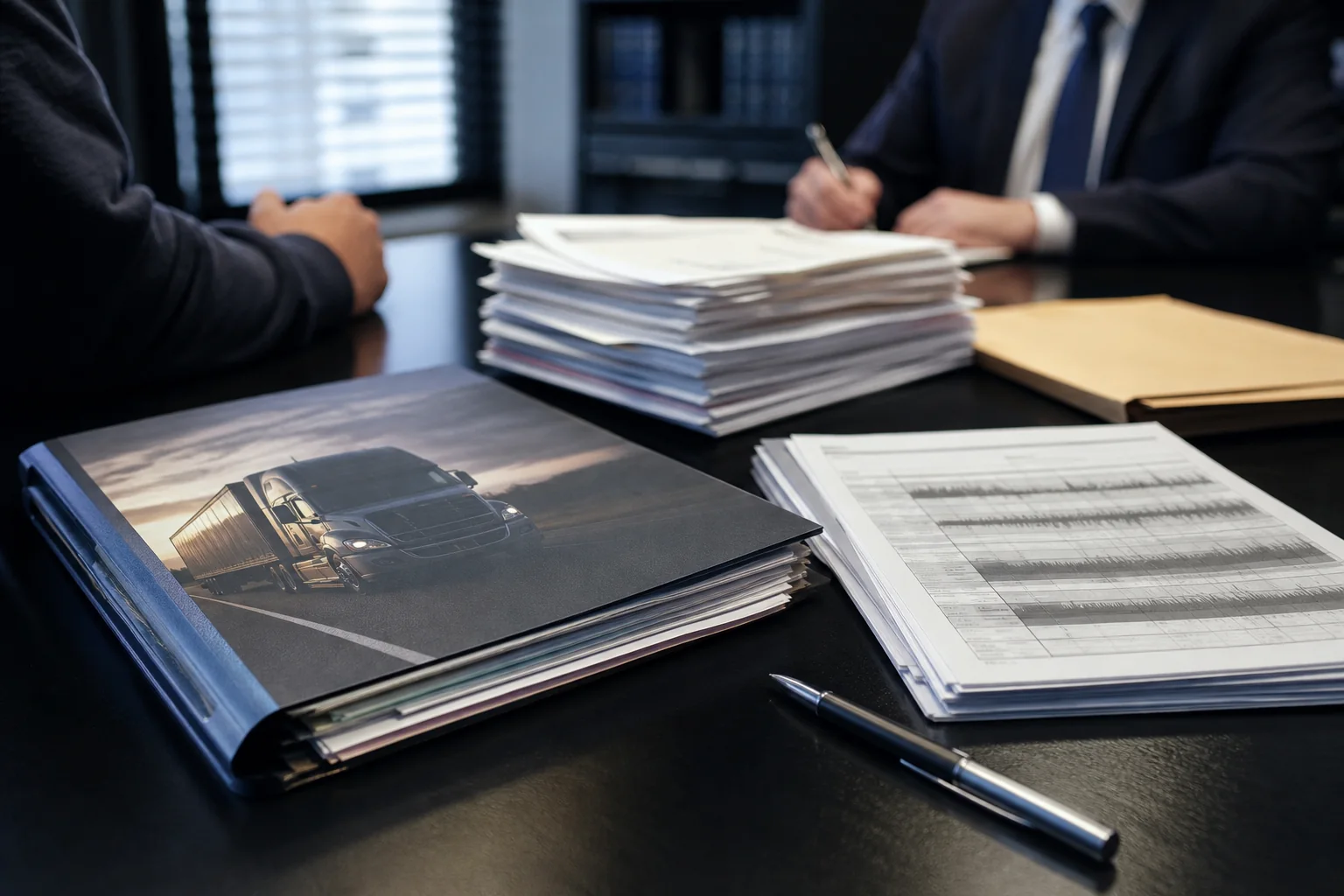 Truck driver fatigue case file on an Indiana law office conference table