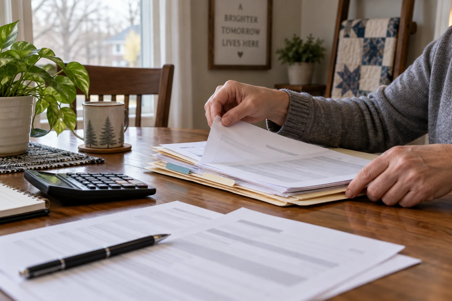 Workers’ compensation papers and a calculator organized on a table