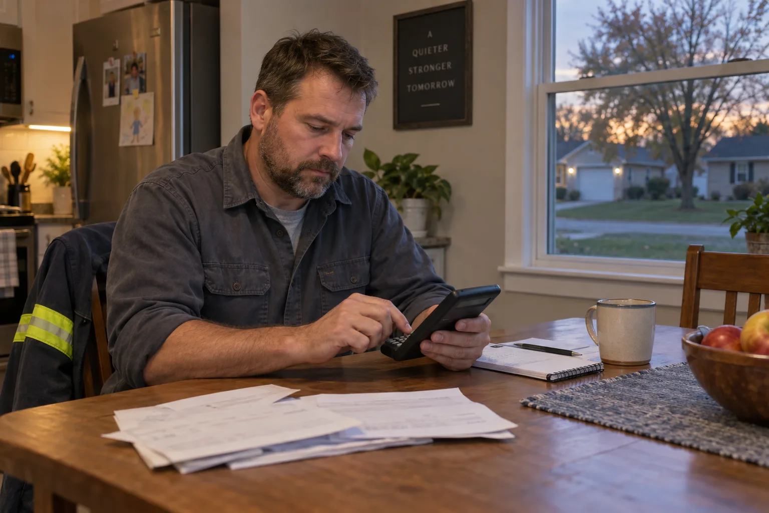 Indiana manufacturing worker calculating figures at home after a shift