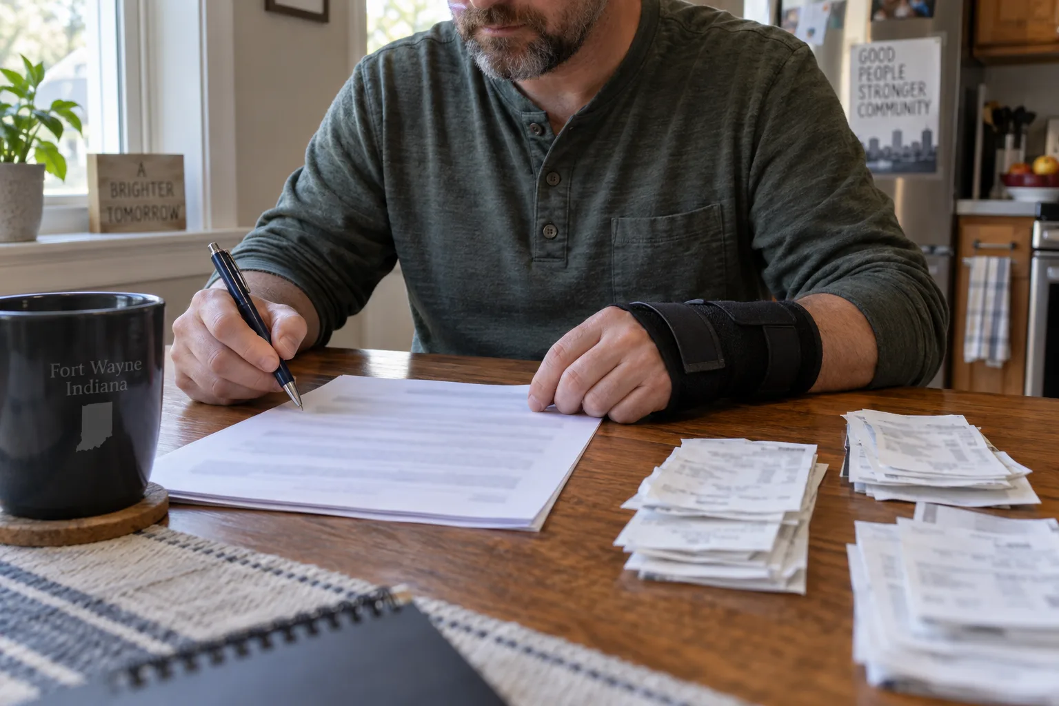 Worker reviewing an agreement and separate expense receipts