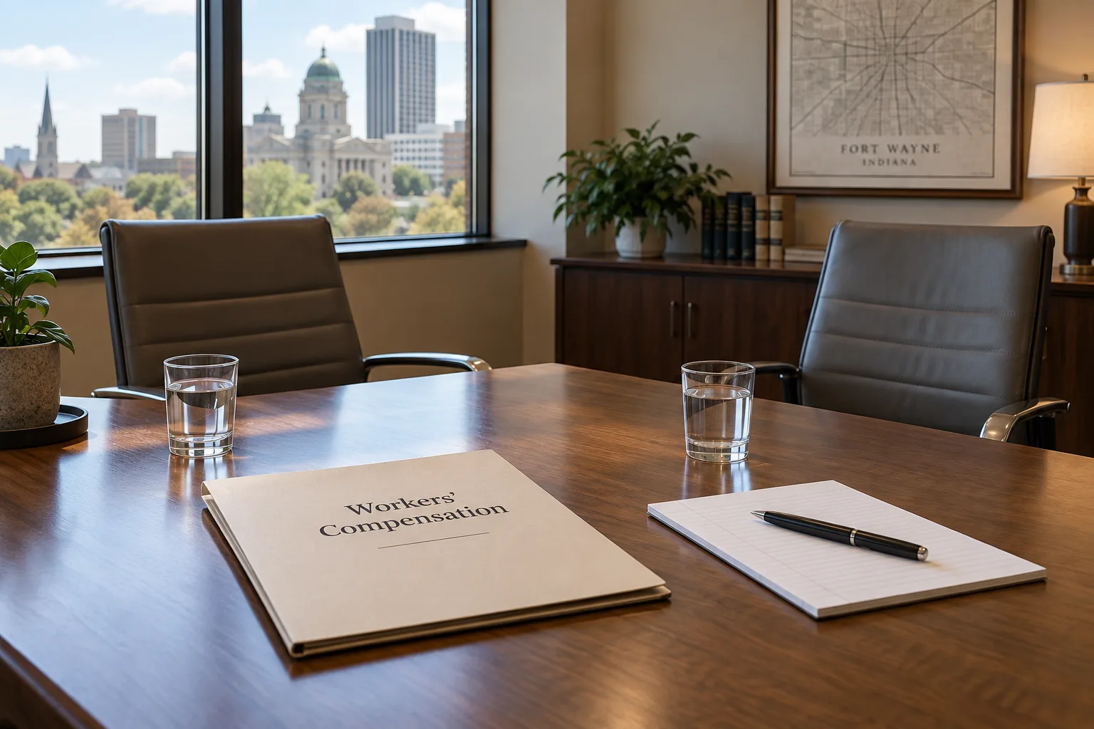 Quiet Fort Wayne meeting table prepared for a workers’ compensation consultation