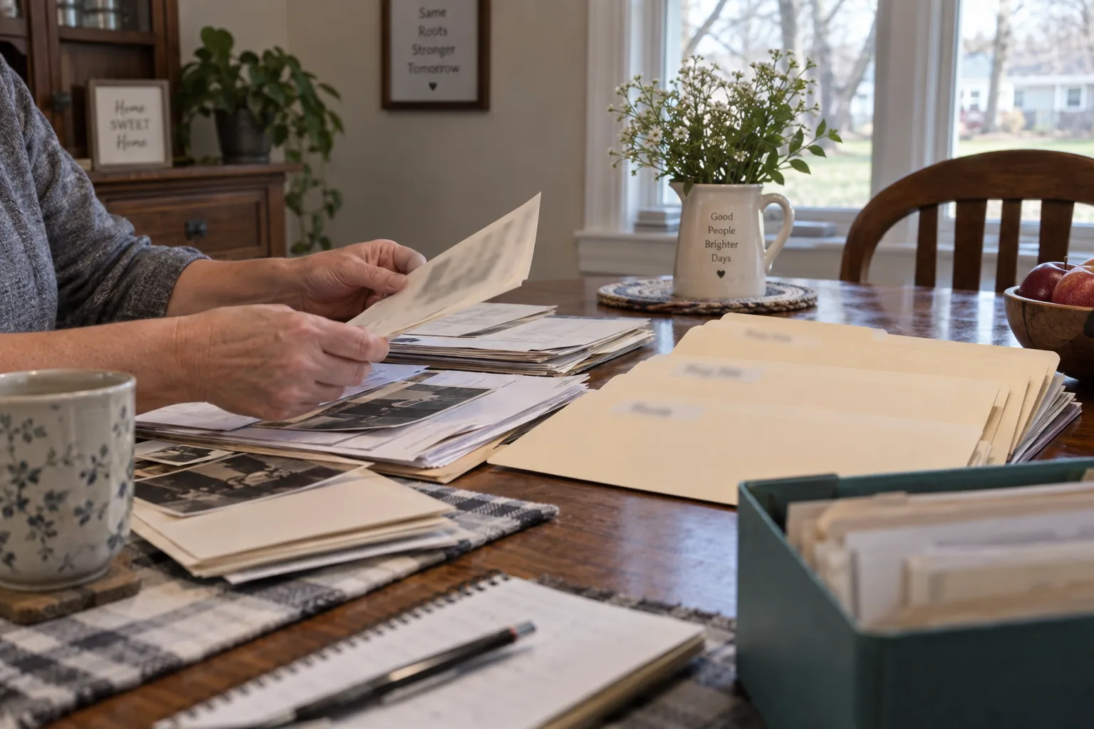 Family member organizing estate and family records at a table