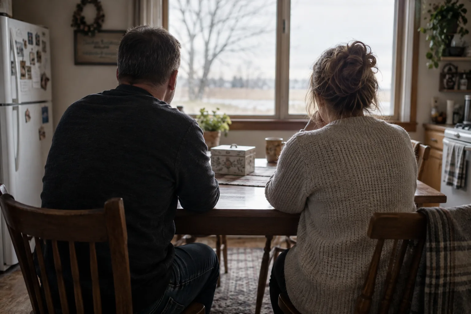Parents seated together beside a closed memory box in a quiet Indiana home
