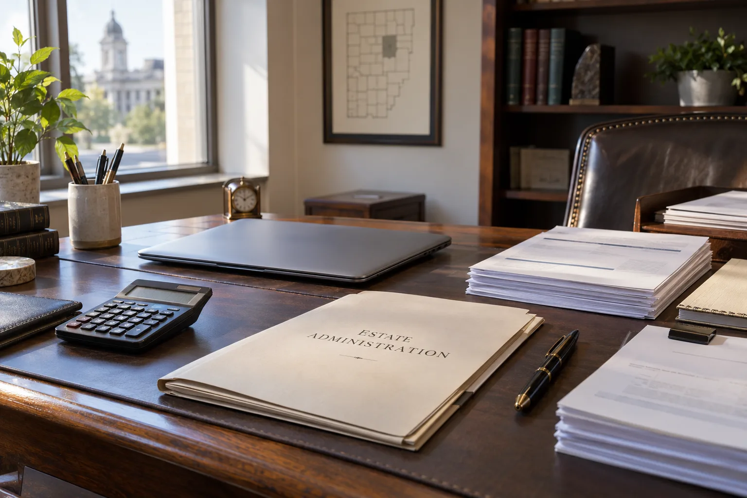 Organized executor workspace with estate records and expense invoices