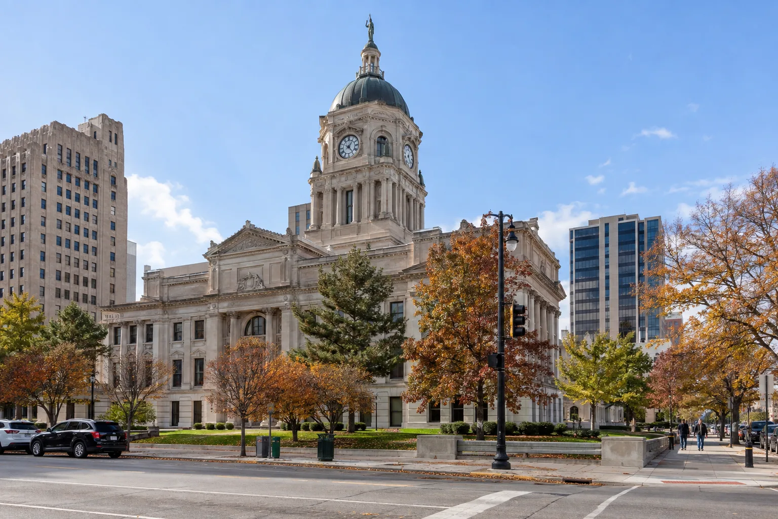Downtown Fort Wayne courthouse area on an autumn weekday