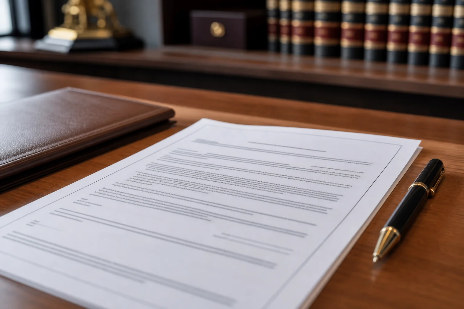 A written contingency fee agreement on a clean law office desk with a pen