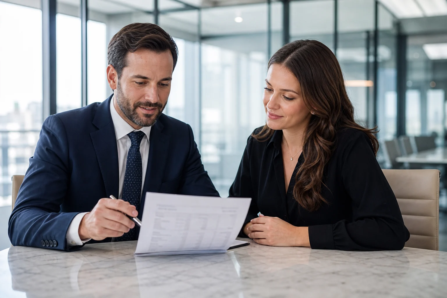 An attorney and client reviewing a settlement breakdown worksheet together