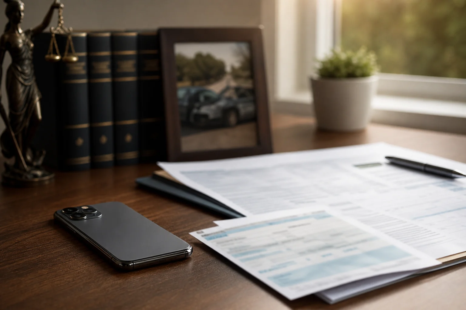 Insurance paperwork and medical bills on a desk beside a smartphone